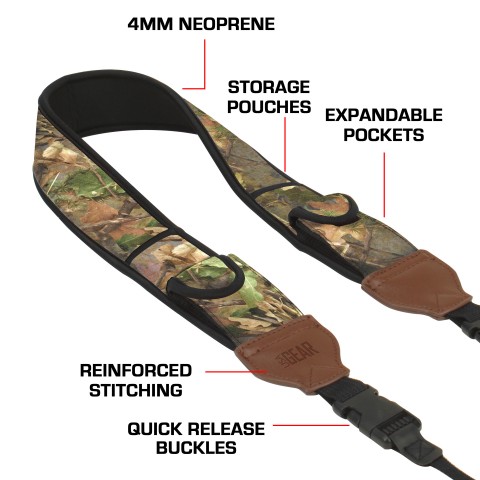 Adjustable Camera Strap w/ Cushioned Neoprene & Storage Pockets - Camo Woods