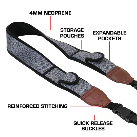 USA GEAR TrueSHOT Camera Neck Strap with Accessory Pockets (Grey Woven Pattern) - Grey Woven Pattern