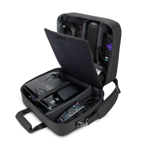 Projector Carrying Case with Shoulder Strap , Extra Storage & Custom Dividers - Black